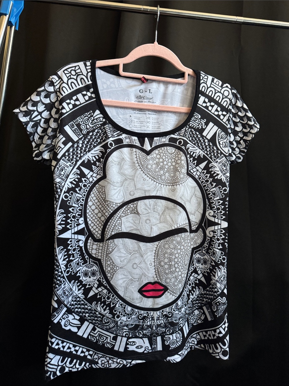 Black & White Graphic Short-Sleeve Tee with Pink Lip Accent